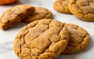 Pumpkin Snickerdoodle Cookies beautifully crinkled chewy fall cookies with gorgeous cinnamon-pumpkin spice sugar coating on a white plate on marble with autumn leaves alongside