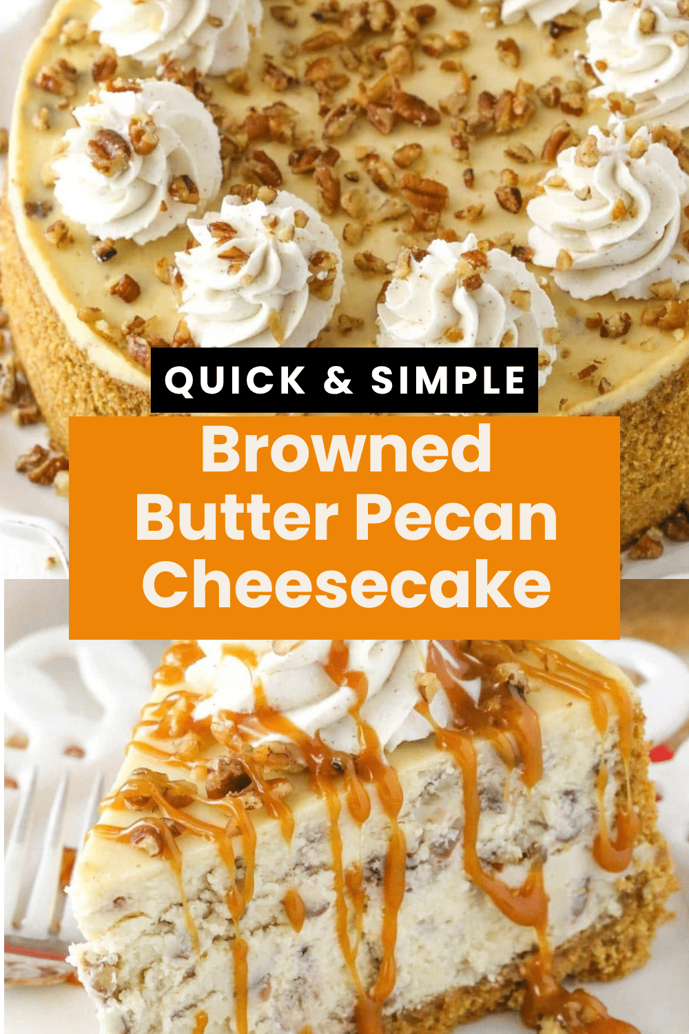 Browned Butter Pecan Cheesecake with caramel pecan topping on white stand on marble