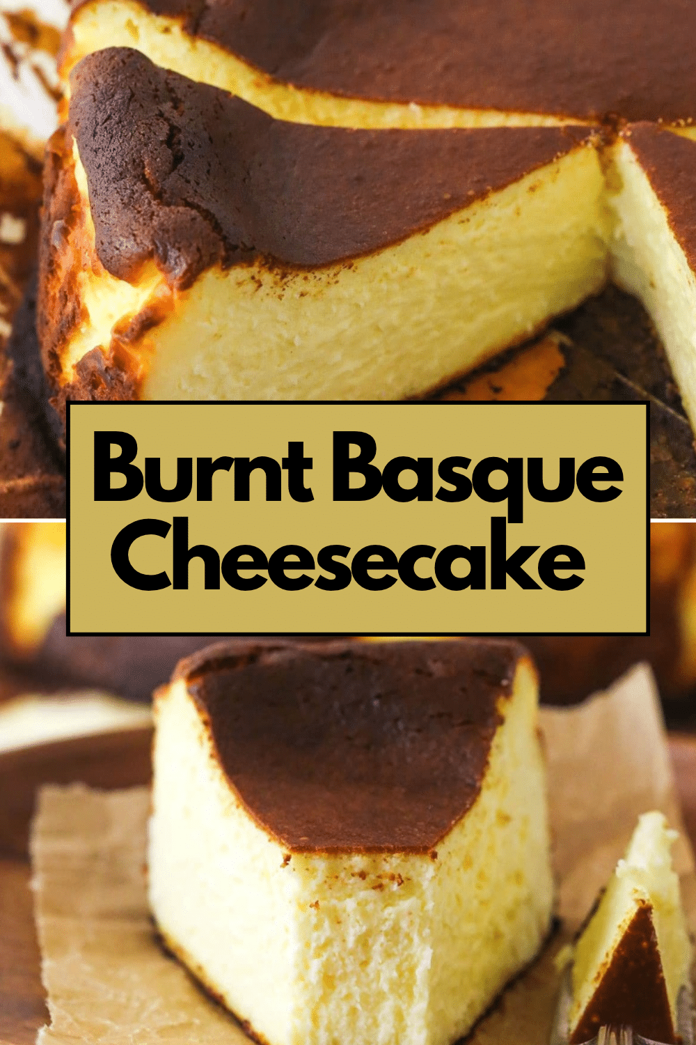 Burnt Basque Cheesecake dark caramelized top with custardy interior on parchment on marble