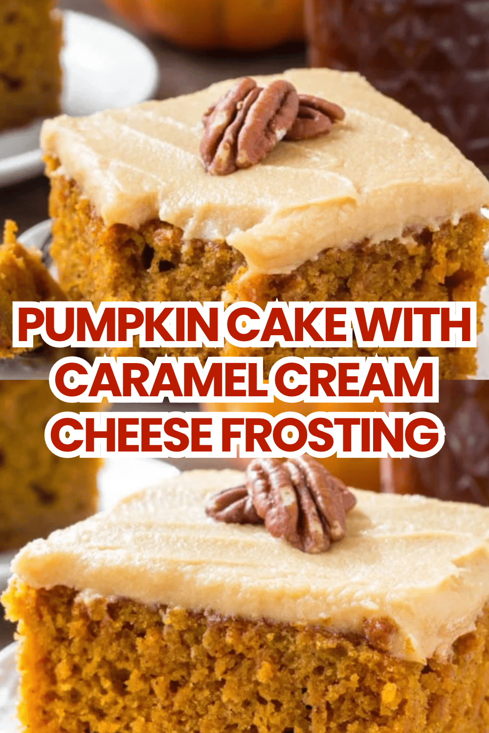Pumpkin Cake with Caramel Cream Cheese Frosting two-layer with caramel drip on white stand on marble